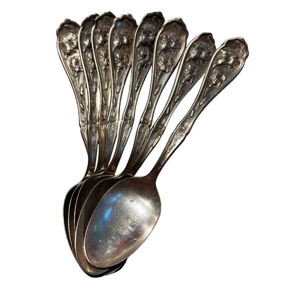 Antique silver teaspoons set (8) Carnation Pattern 1908 Rogers Art Nouveau - Picture 2 of 11